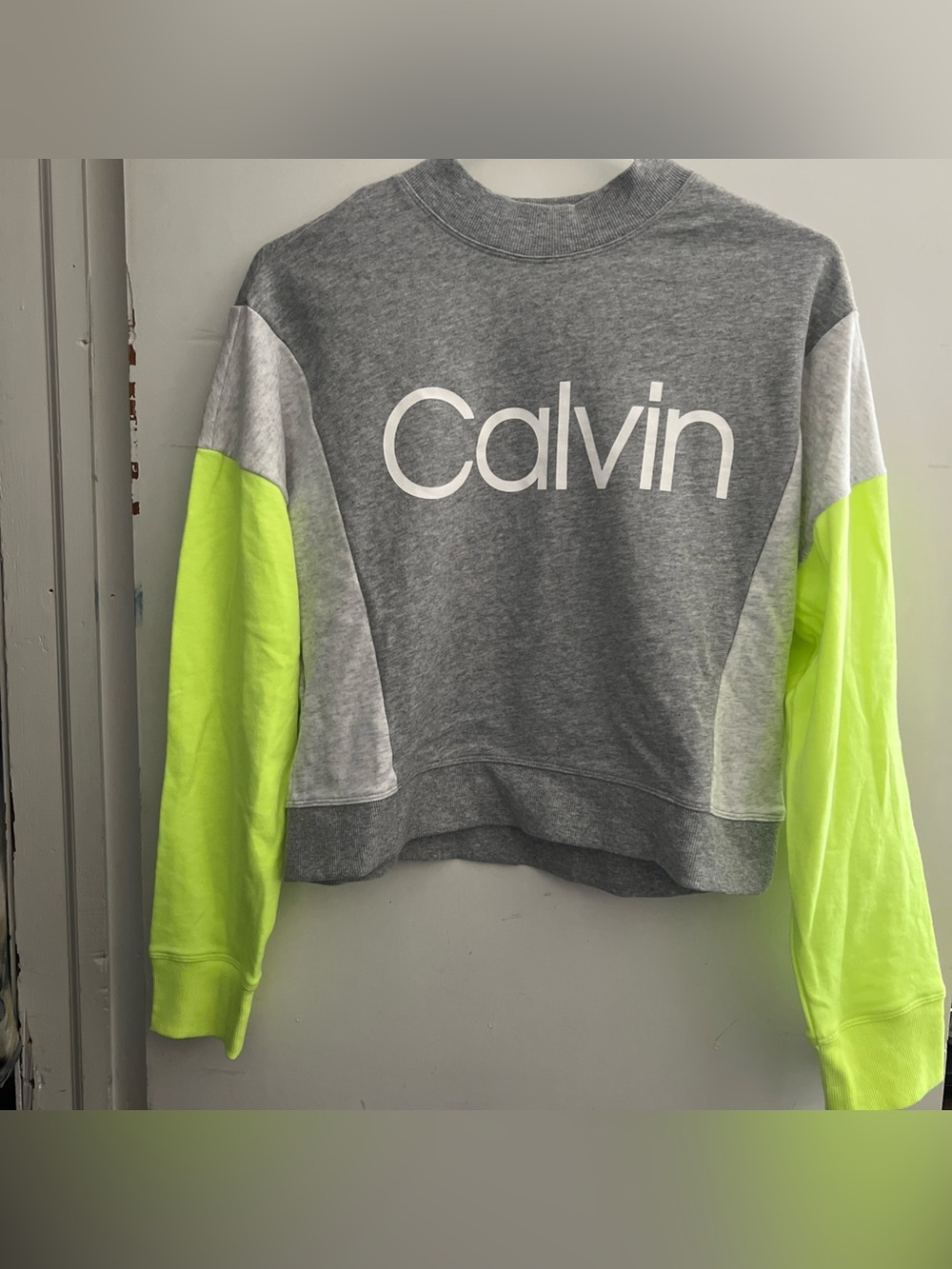 Calvin Klein Gray & Neon Green Colorblock Crewneck Sweatshirt